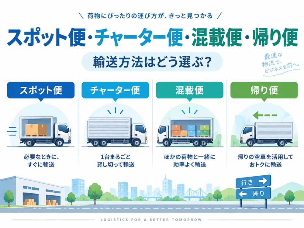 スポット便、チャーター便、混載便、帰り便の違いを比較して表したアイキャッチ画像