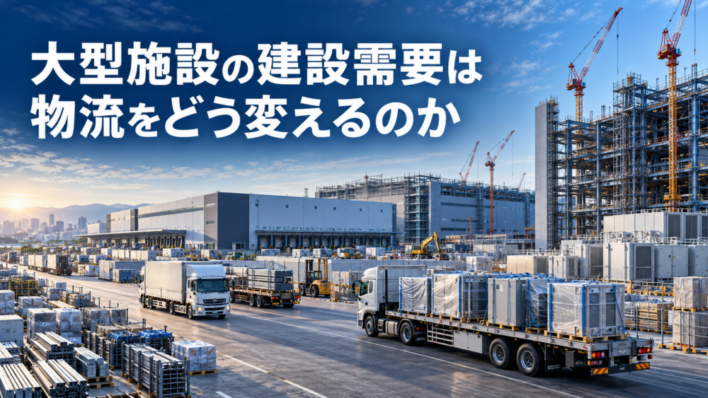 データセンターや物流倉庫などの大型施設建設を背景に建設資材と設備機器を運ぶ大型トラックのイメージ