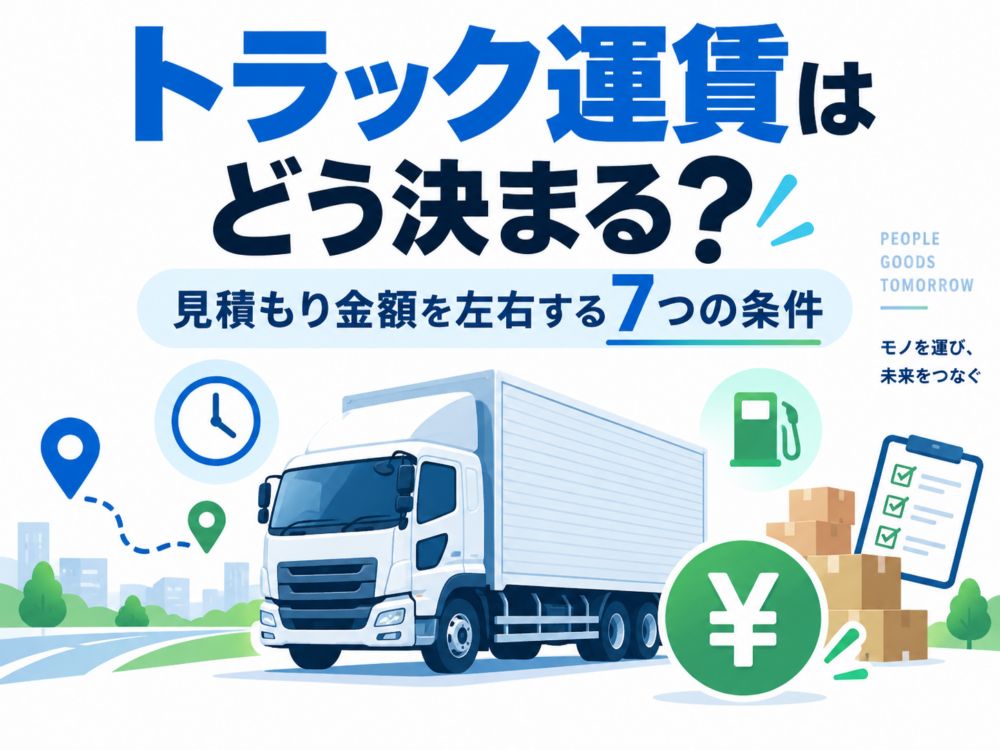 トラック運賃がどのように決まるかを、距離、時間、燃料、荷物、見積もり条件などの要素で表したアイキャッチ画像