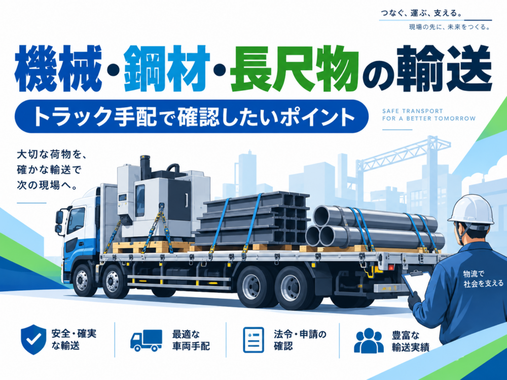 機械、鋼材、長尺物を積んだ平ボディ車で、特殊な荷物の輸送を表したアイキャッチ画像