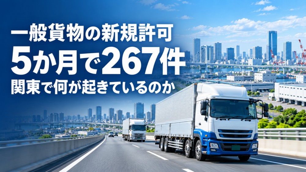 関東の都市と物流施設を背景に大型トラックが走り、一般貨物の新規許可が5か月で267件となったことを示す画像