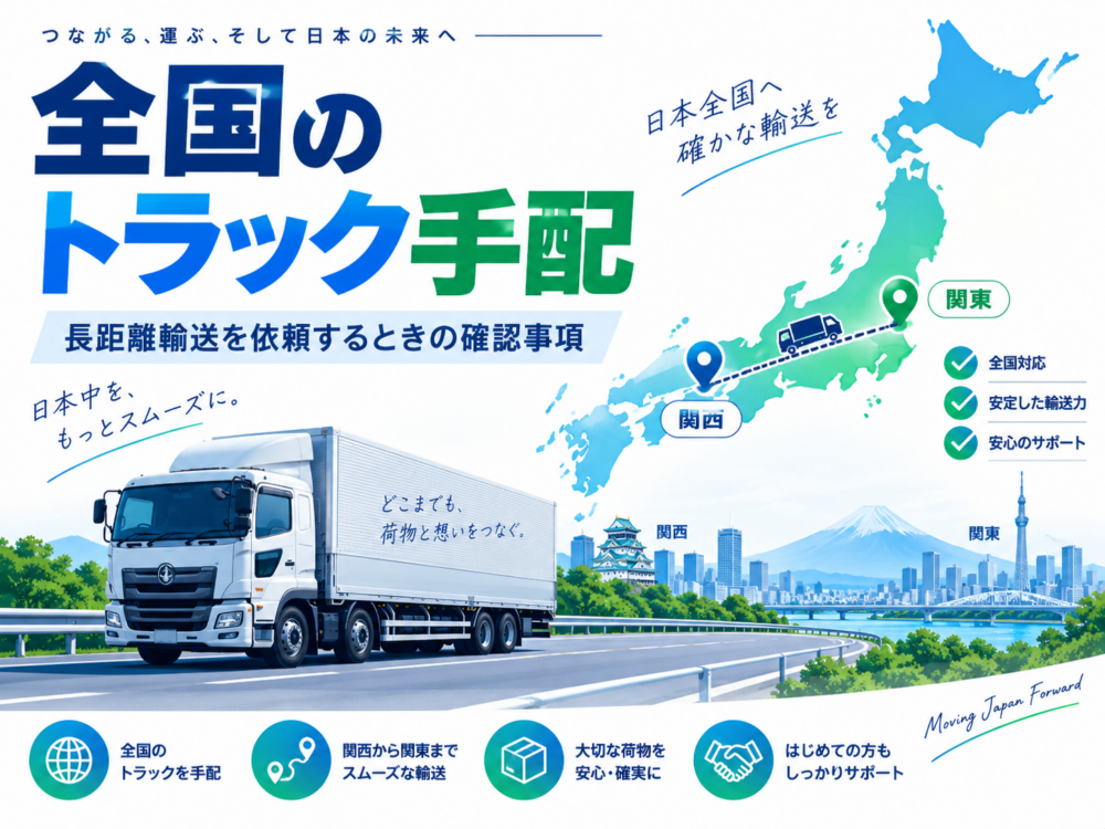 全国のトラック手配と長距離輸送の流れを、日本地図とトラックで表したアイキャッチ画像