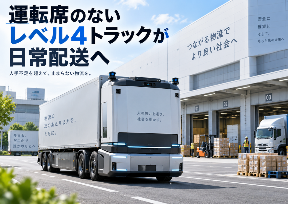 ドイツの物流センターと店舗を結ぶ運転席のないレベル4自動運転電動トラックのイメージ