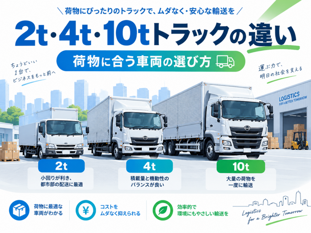 2t・4t・10tトラックの違いと、荷物に合う車両の選び方を表したアイキャッチ画像