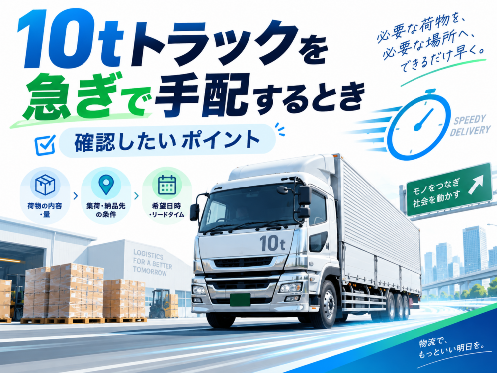 10tトラックを急ぎで手配するときに確認したいポイントを表したアイキャッチ画像