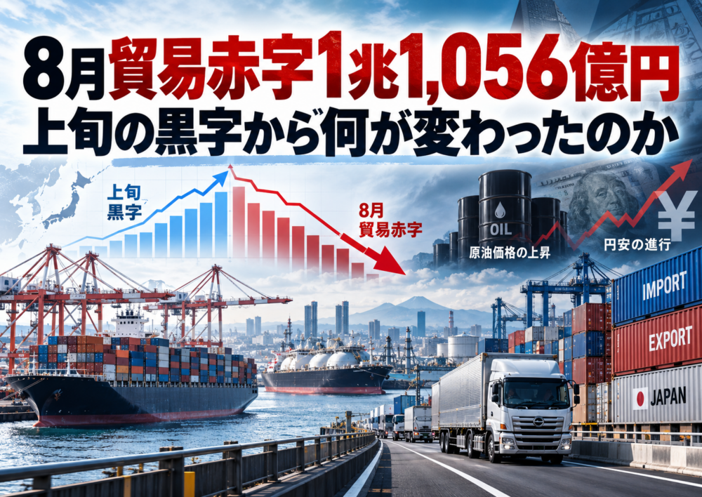 2026年8月の貿易統計で上旬の黒字から月間1兆1056億円の赤字へ変化した日本の貿易と物流を表すイメージ