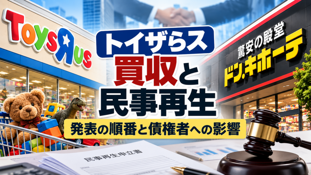 トイザらスの買収報道と民事再生について、発表の順番と事業譲渡、債権者への影響を解説するアイキャッチ画像
