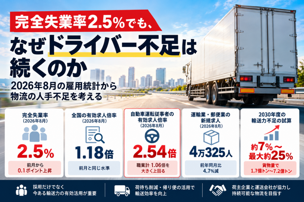 完全失業率2.5％と自動車運転従事者の求人倍率からドライバー不足を考えるアイキャッチ画像