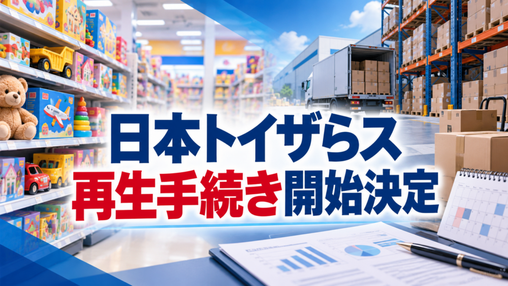 日本トイザらスの再生手続き開始決定と事業譲渡、店舗配送と物流継続を表したイメージ