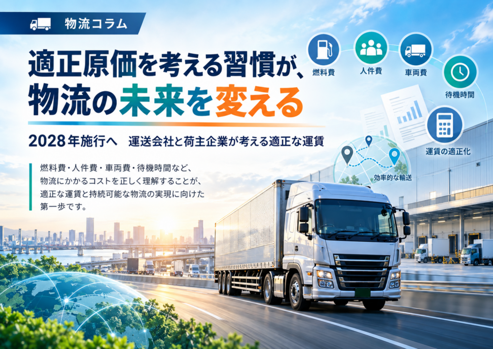 トラック適正原価制度の2028年施行を見据え、輸送原価の把握、運賃交渉、ドライバーの待遇改善、持続可能な物流について考えるイメージ