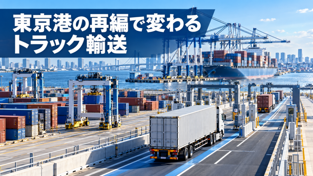 東京港のコンテナターミナルで自動荷役クレーンとコンテナトレーラーが稼働するイメージ