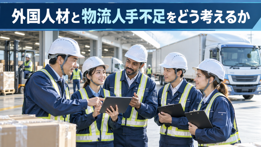 外国人材と日本人スタッフが物流センターで配送計画を確認し大型トラックを背景に協力するイメージ