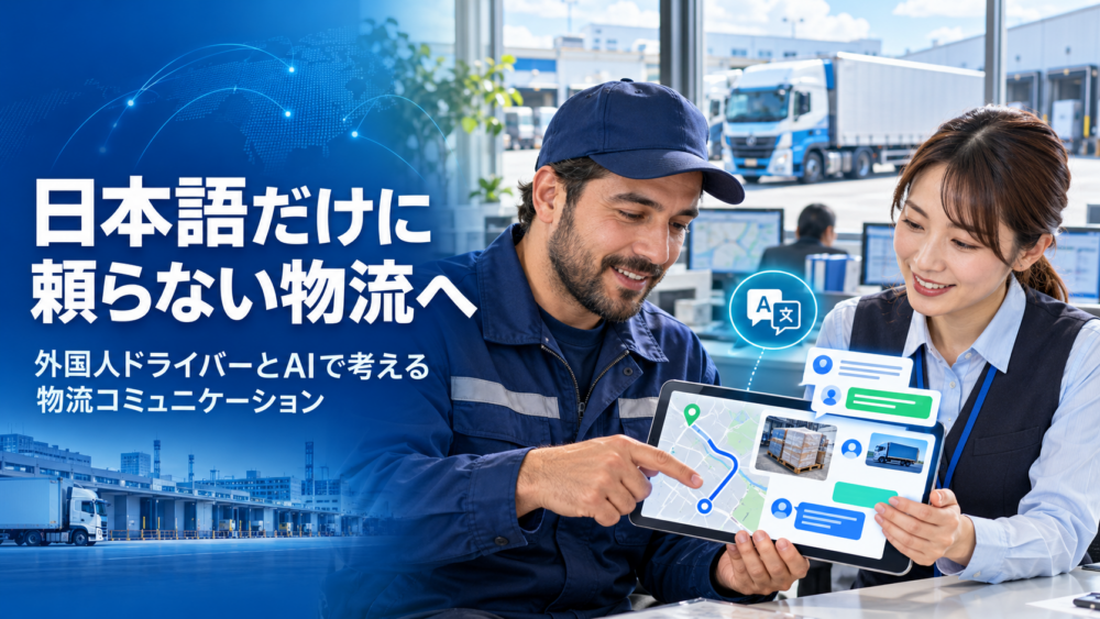 外国人トラックドライバーと日本人の配車担当者がAI翻訳、スマートフォン、地図、写真を使って物流情報を共有するイメージ