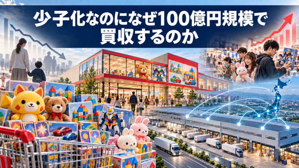 少子化が進む日本でドン・キホーテ運営会社がトイザらス日本事業を100億円規模で買収する狙いと物流再編を表したイメージ