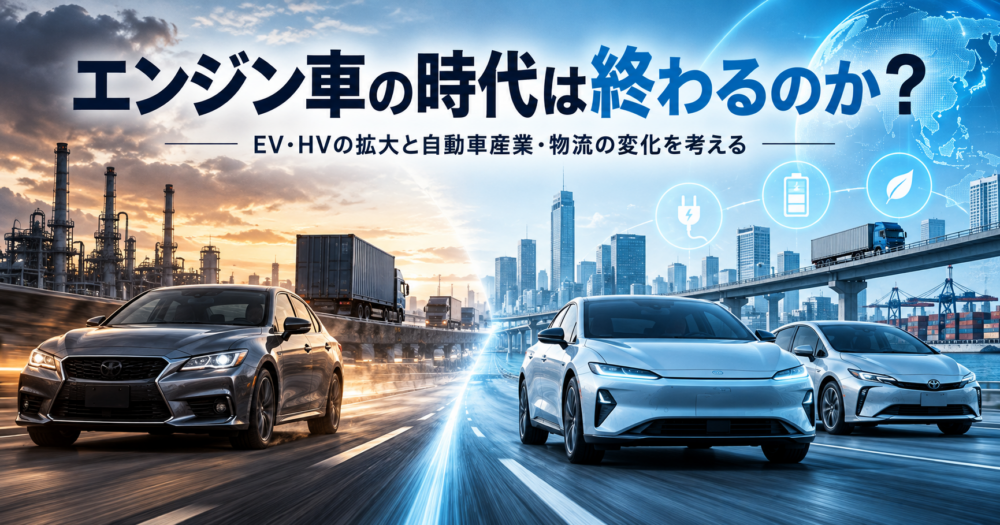 ガソリン車と電気自動車、ハイブリッド車の変化が日本の自動車産業と物流に与える影響を示すイメージ