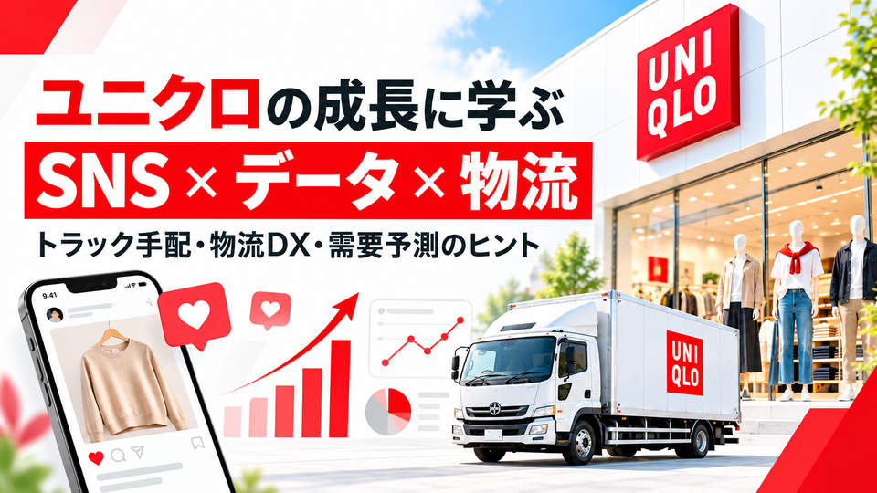 ユニクロ純利益5,425億円とSNSの着こなし投稿、需要予測、物流DX、トラック手配の関係を示すアイキャッチ画像